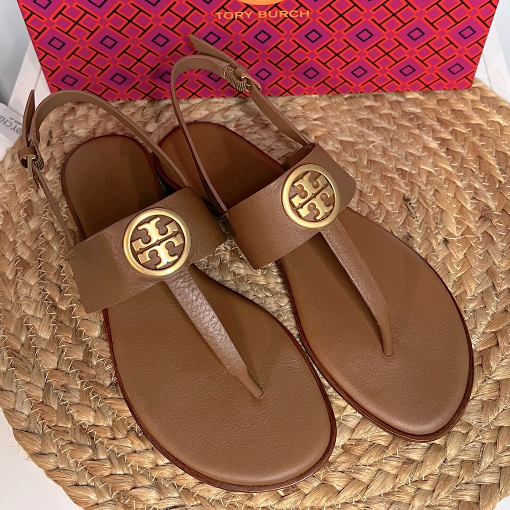 NEW Tory Burch Benton 2 Flat Thong Sandal Calf Leather Size 7 Royal Tan